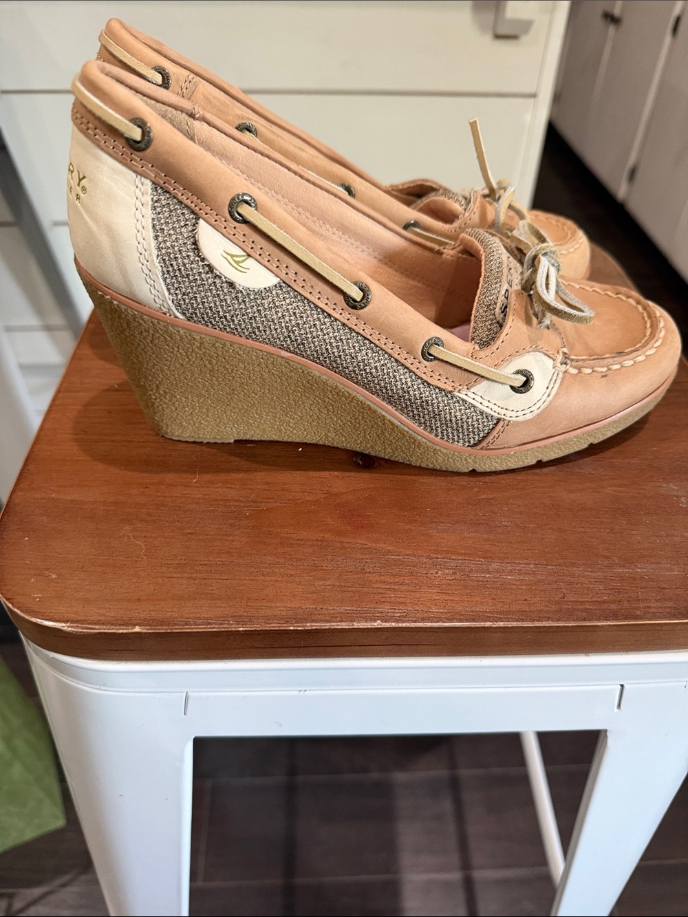 Sperry Wedge Boat Shoe in Tan and Cream - Women